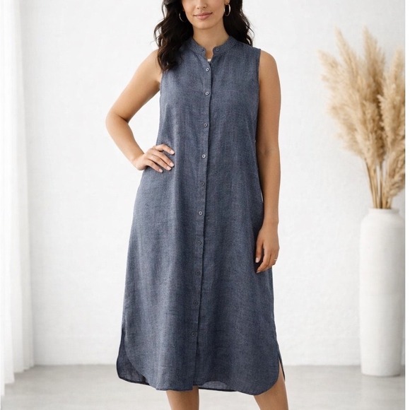 Eileen Fisher Tops - EILEEN FISHER Denim Organic Cotton Mandarin Collar Airy Twill Tunic Dress Size L
